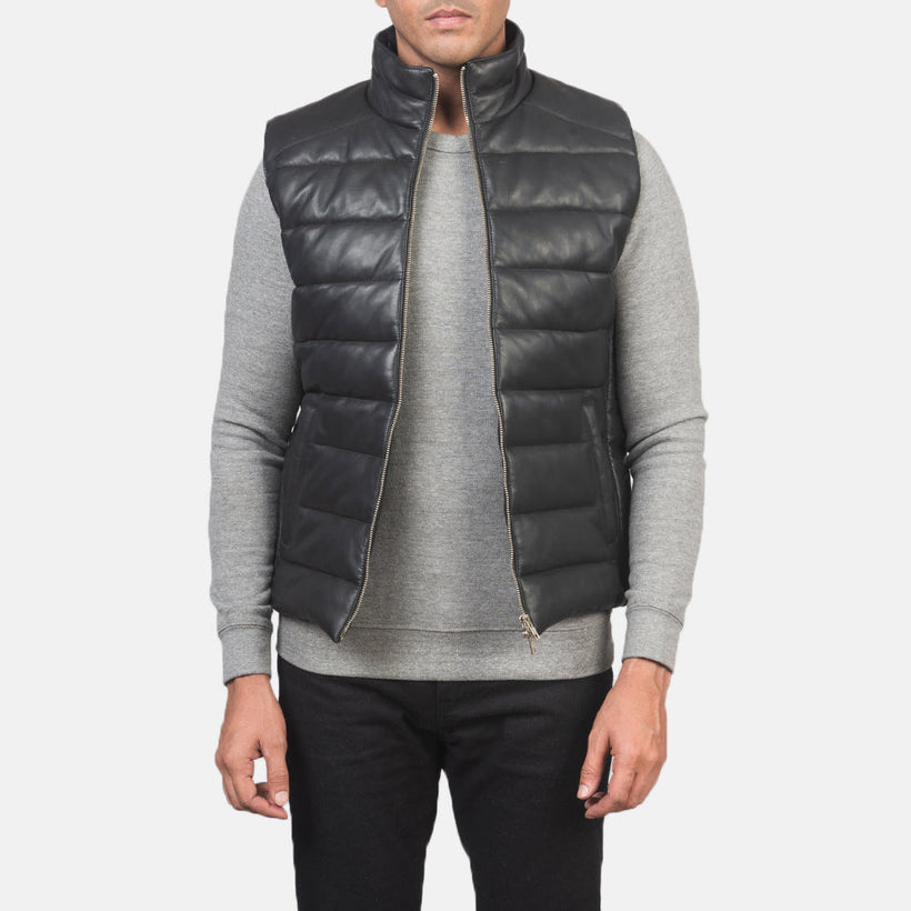 Reeves Черная Leather Puffer Vest мужская