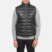 Close-Up Detail of Classic Collar &amp; Zipper with Dual Puller Hardware on Men's Reeves Black Leather Puffer Vest