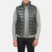 Men's Reeves Green Leather Puffer Vest in Green Sheepskin Leather - Front Profile View &amp; Tailored Silhouette | Buy Online