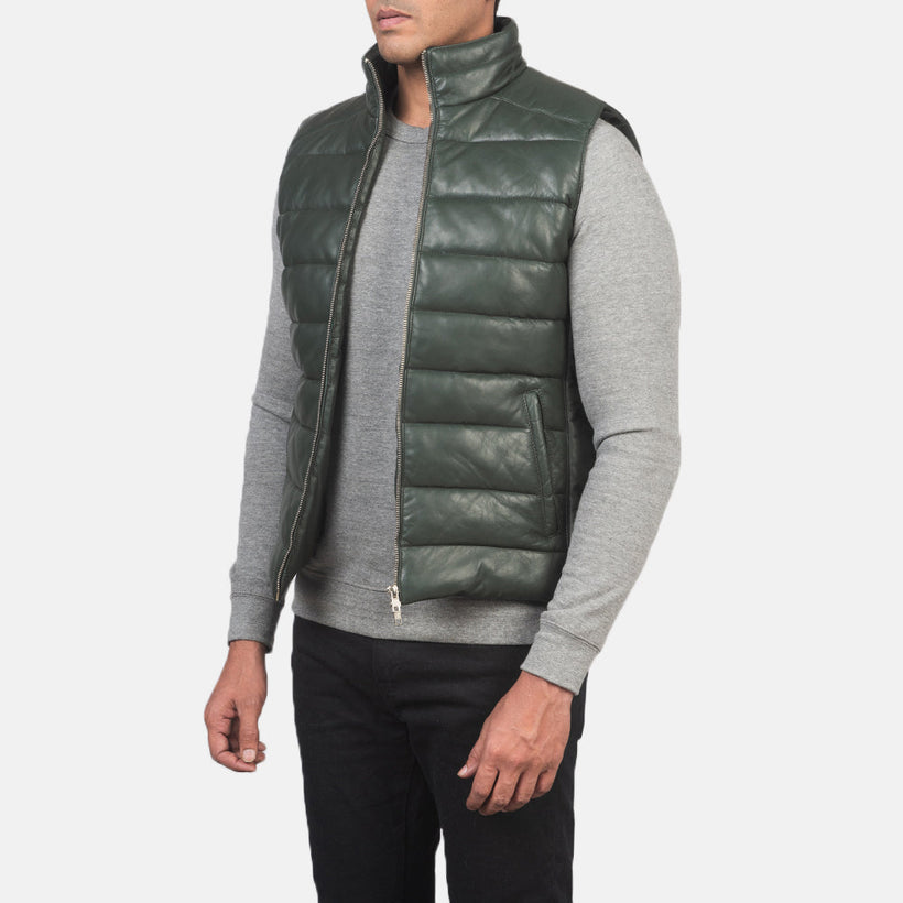 Reeves Зеленая Leather Puffer Vest мужская