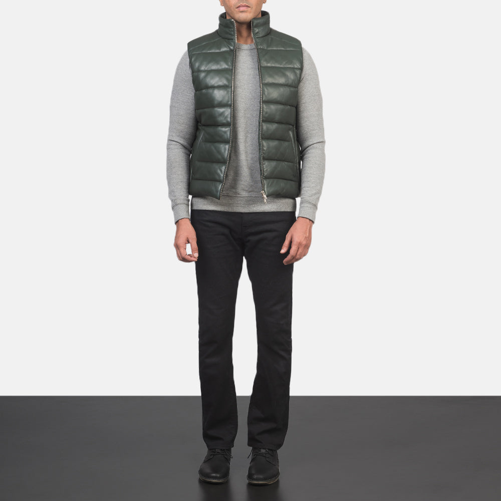 Men's Reeves Green Leather Puffer Vest - Lateral Side Profile View Showing Sleeve Cut &amp; Athletic Taper Fit