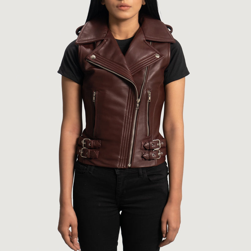 Rhonda Бордовый Leather Biker Vest для Женщин
