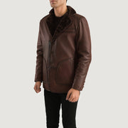
Distressed Brown Sheepskin Burnishing Aviator Jacket - Вид сзади, подчеркивающий посадку по плечам и ровный край