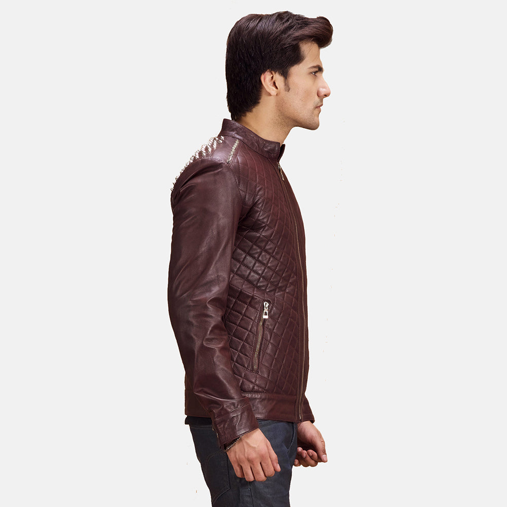 
Maroon Sheepskin Leather Biker Jacket - Вид сзади, подчеркивающий посадку по плечам и ровный край