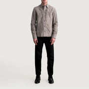 Close-Up Detail of Shirt &amp; Buttons Hardware on Scout Grey Suede Leather Shirt