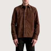 
Scout Mocha Suede Leather Shirt для Мужчин для Мужчин - Вид сбоку, демонстрирующий эргономичный крой рукава