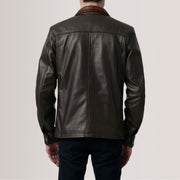 Close-Up Detail of Shirt & Zipper Hardware on Sean Brown Leather Classic Jacket For Men