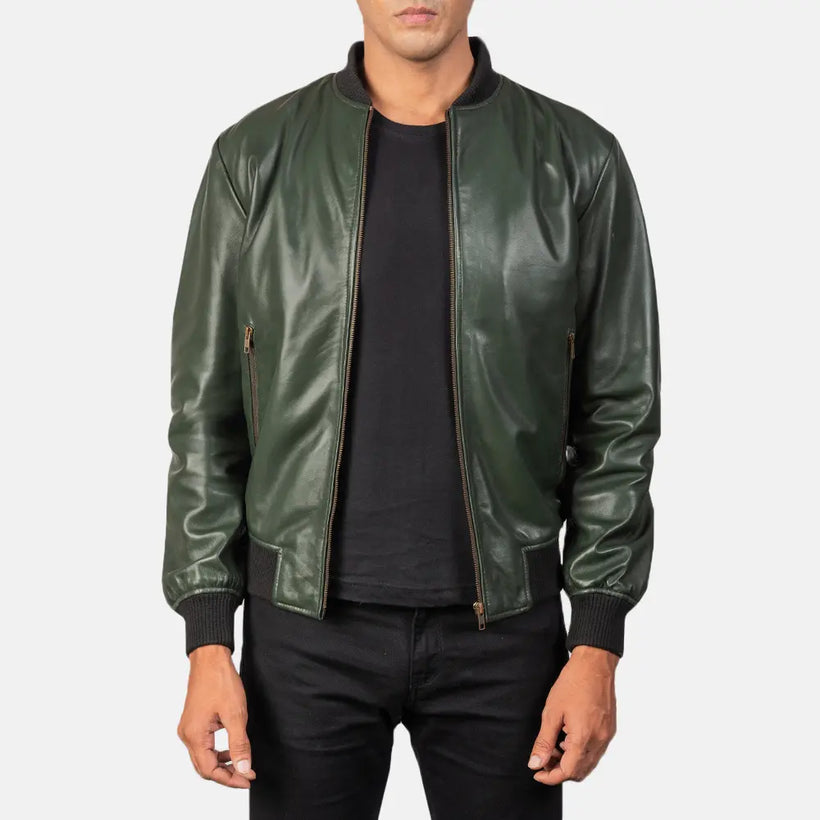 Men's Shane Army Green Leather Bomber Jacket in Green Sheepskin Leather - Front Profile View & Tailored Silhouette | Buy Online