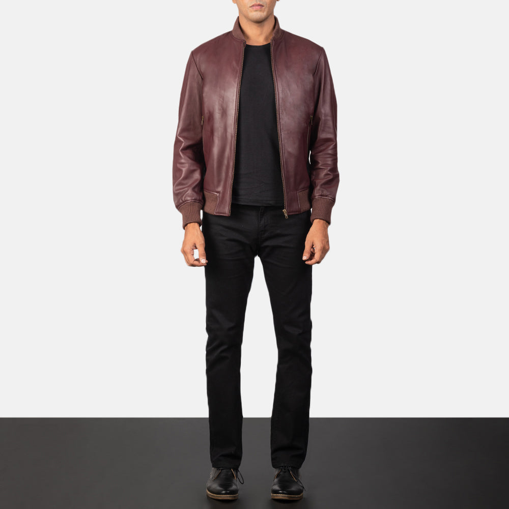 Men's Shane Maroon Leather Bomber Jacket - Lateral Side Profile View Showing Sleeve Cut &amp; Athletic Taper Fit