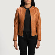 
Sleeky Clean Рыжий Кожаная куртка-косуха для Женщин in Tan Brown Sheepskin Leather - Вид спереди и приталенный силуэт | Купить в официальном онлайн-магазине