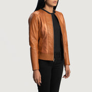 
Tan Brown Sheepskin Leather Biker Jacket - Вид сзади, подчеркивающий посадку по плечам и ровный край