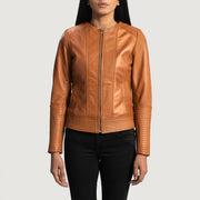 
Крупный план деталей of Classic Collar & Zipper Hardware on Sleeky Clean Рыжий Кожаная куртка-косуха для Женщин