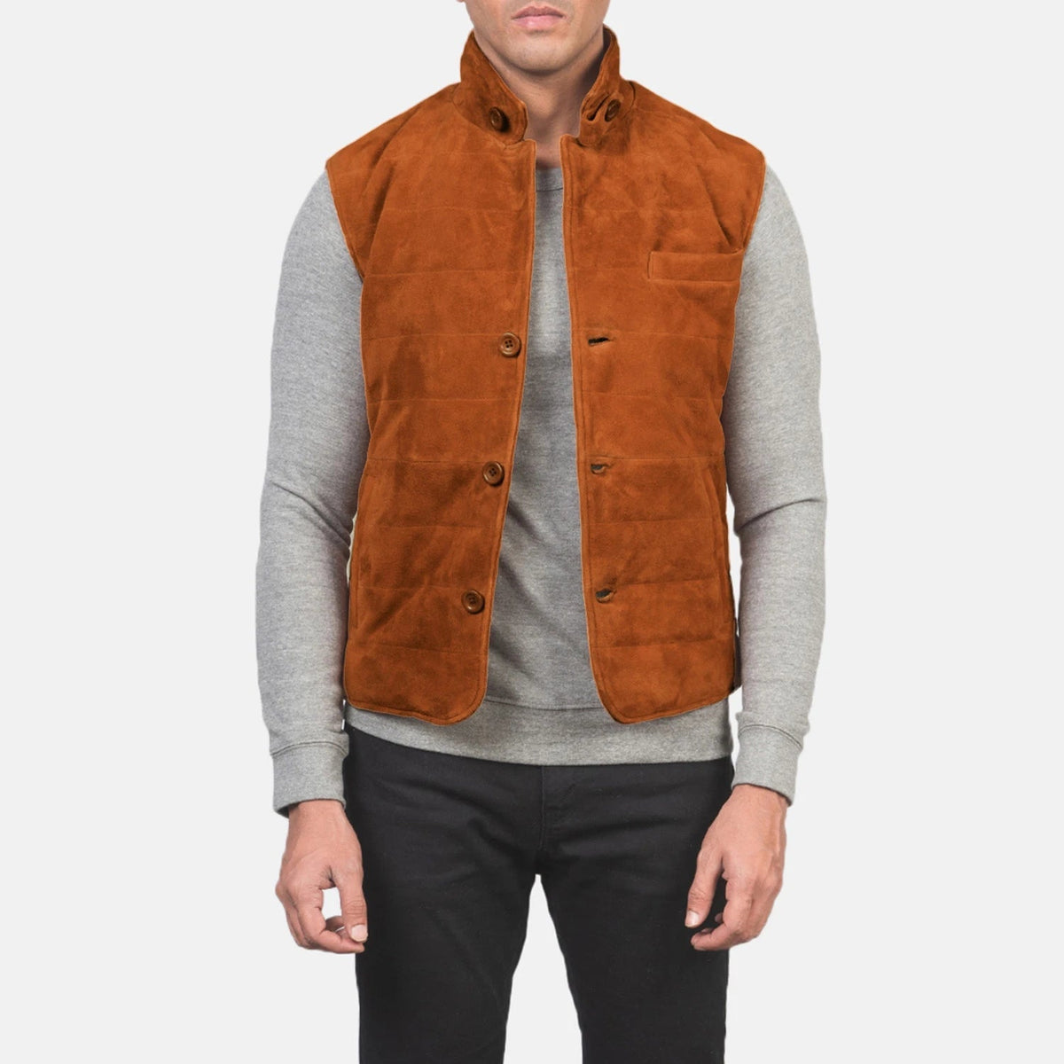 
Tony Коричневый Suede Vest для Мужчин in Brown Goatskin Suede - Вид спереди и приталенный силуэт | Купить в официальном онлайн-магазине