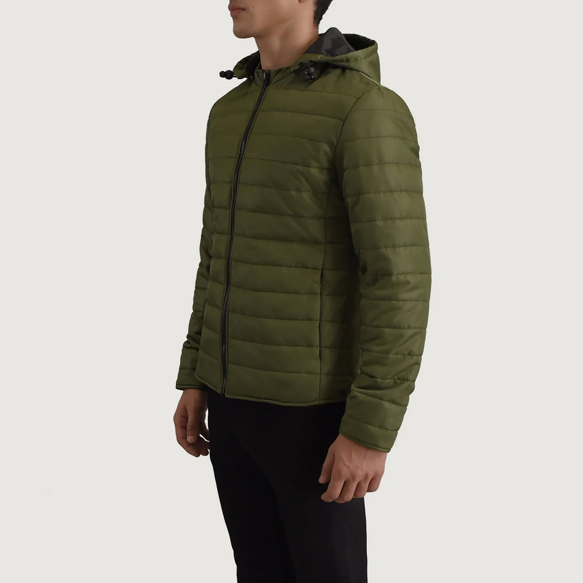 
Green Full-Grain Leather Hooded Jacket - Вид сзади, подчеркивающий посадку по плечам и ровный край
