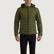 
Крупный план деталей of Classic Collar & Zipper Hardware on Tyler Оливковый Hooded Puffer Кожаная куртка для Мужчин