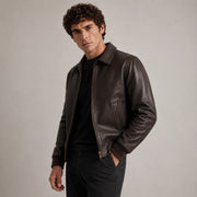 
Dark Brown Authentic Sheepskin &Amp; Shearling Bomber Jacket - Вид сзади, подчеркивающий посадку по плечам и ровный край