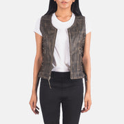 
Vanda Distressed Коричневый Leather Biker Vest для Женщин in Distressed Brown Goatskin Leather - Вид спереди и приталенный силуэт | Купить в официальном онлайн-магазине