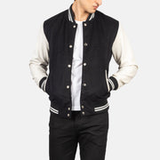 
Vaxton Черный & White Hybrid Varsity Кожаная куртка для Мужчин in Black & White Sheepskin Leather - Вид спереди и приталенный силуэт | Купить в официальном онлайн-магазине