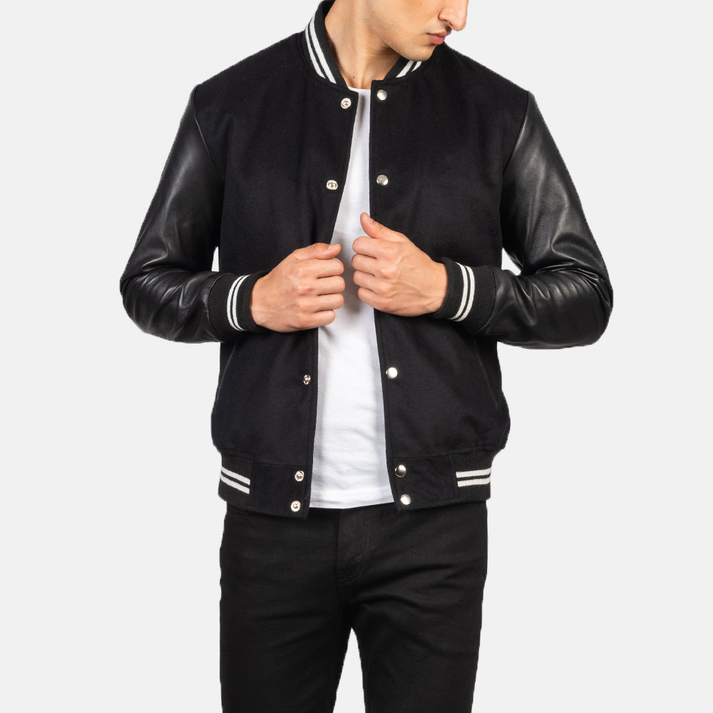 Men's Vaxton Black Striped Hybrid Varsity Jacket in Black Sheepskin Leather - Front Profile View &amp; Tailored Silhouette | Buy Online