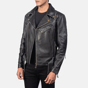 Distressed Black Cow Hide Leather Biker Jacket - Back View Showing Tailored Shoulder Fit &amp; Clean Hemline
