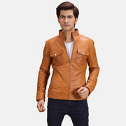Voltex Tan Leather Biker Jacket in Tan Brown Sheepskin Leather - Front Profile View &amp; Tailored Silhouette | Buy Online
