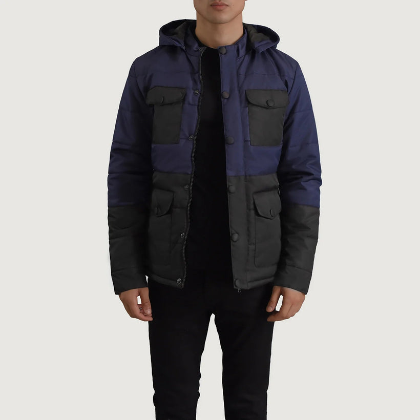 Wayne Черный & Синий Hooded Puffer Кожаная куртка для Мужчин