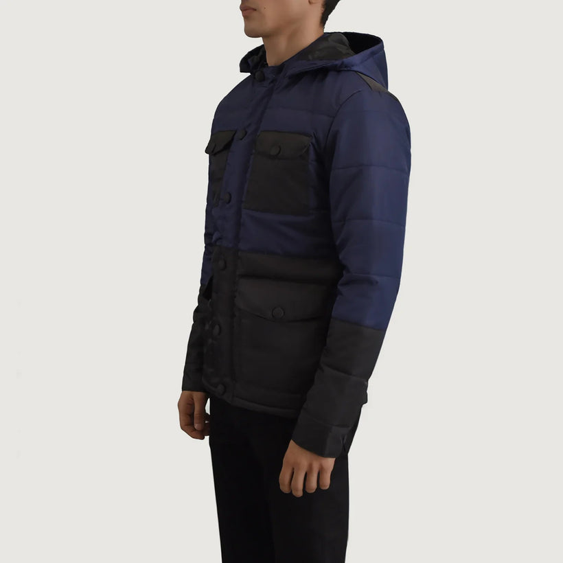 Wayne Черный & Синий Hooded Puffer Кожаная куртка для Мужчин