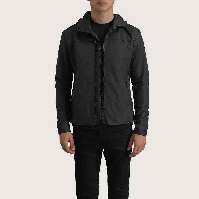 Wesley Черный Hooded Windbreaker Кожаная куртка для Мужчин
