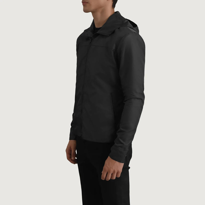 Wesley Черный Hooded Windbreaker Кожаная куртка для Мужчин