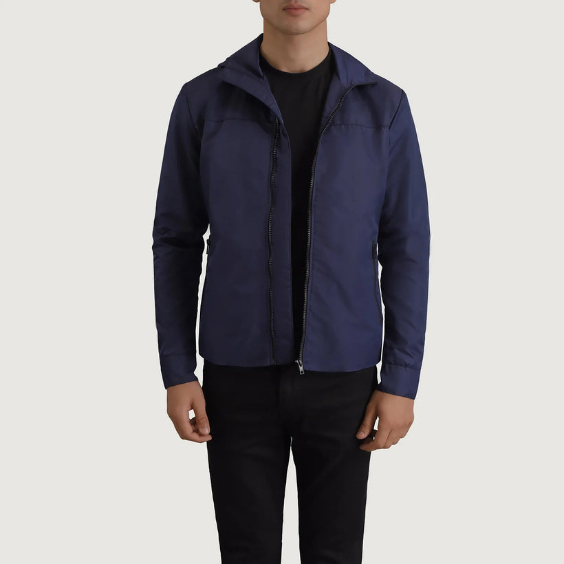 Wesley Синий Hooded Windbreaker Кожаная куртка для Мужчин