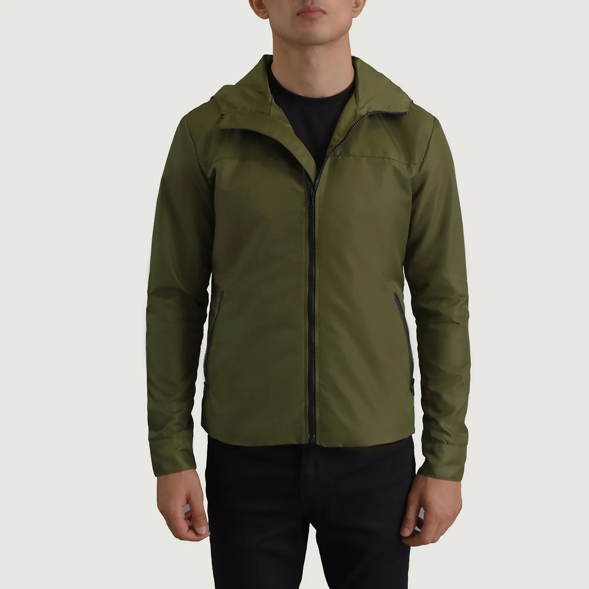 
Крупный план деталей of Classic Collar & Zipper With Inside Wind Flap. Hardware on Wesley Оливковый Hooded Windbreaker Кожаная куртка для Мужчин