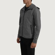 
Grey Full-Grain Leather Hooded Jacket - Вид сзади, подчеркивающий посадку по плечам и ровный край