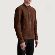 Brown Goatskin Suede Biker Jacket - Back View Showing Tailored Shoulder Fit &amp; Clean Hemline